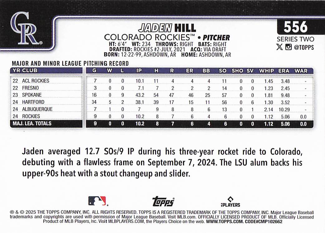 2025 Topps Baseball Jaden Hill #556 Rookie