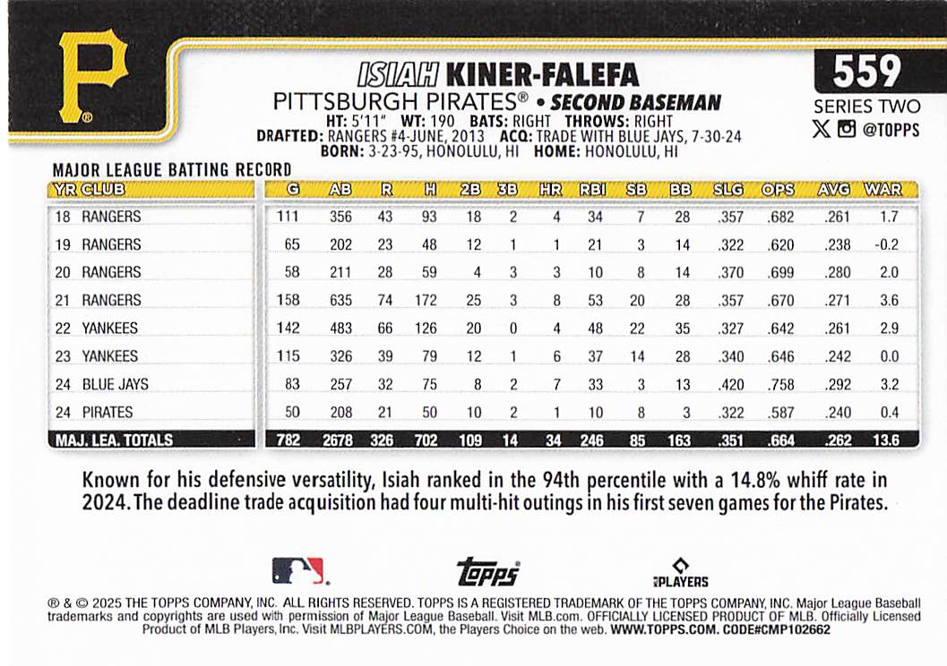 2025 Topps Baseball Isiah Kiner-Falefa #559