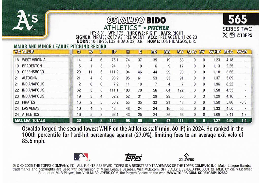 2025 Topps Baseball Osvaldo Bido #565