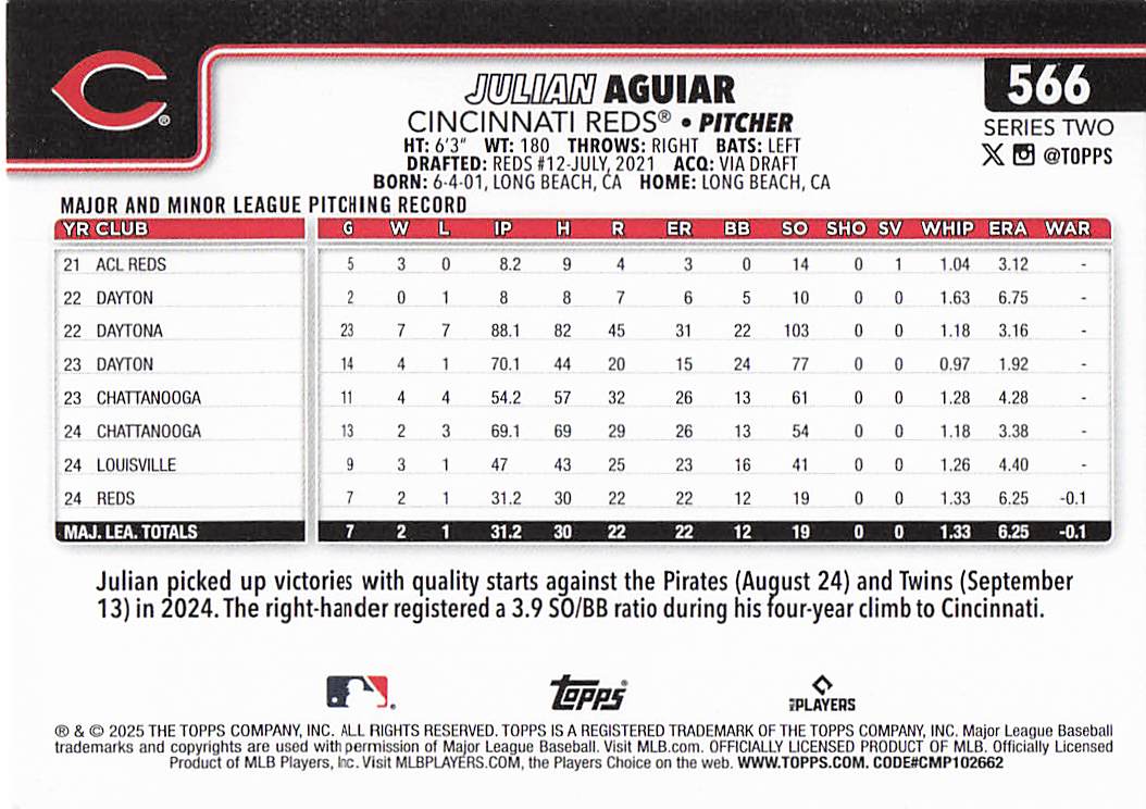 2025 Topps Baseball Julian Aguiar #566 Rookie
