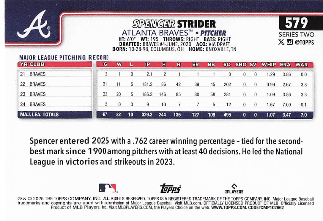 2025 Topps Baseball Spencer Strider #579