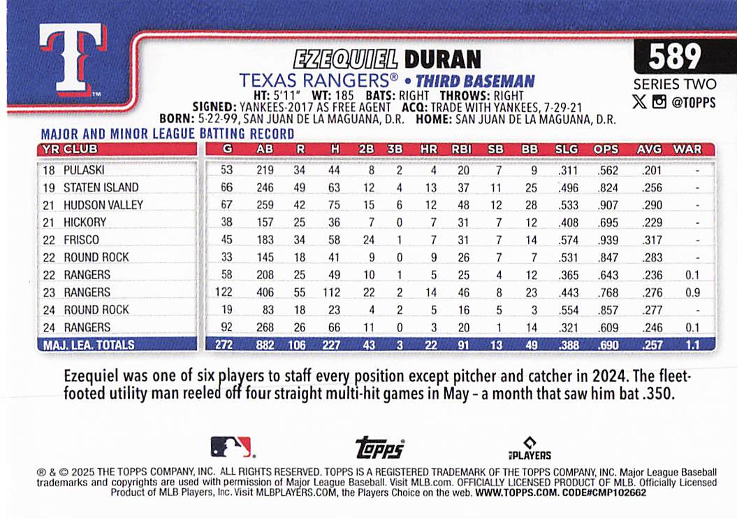2025 Topps Baseball Ezequiel Duran #589