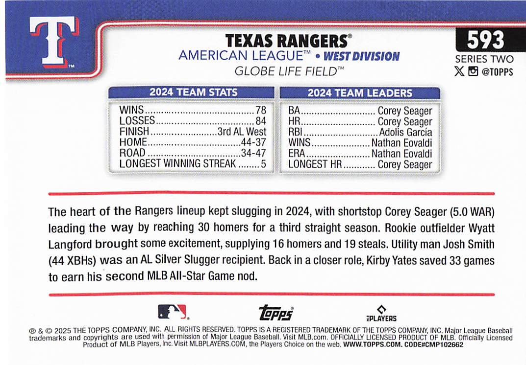 2025 Topps Baseball Texas Rangers #593
