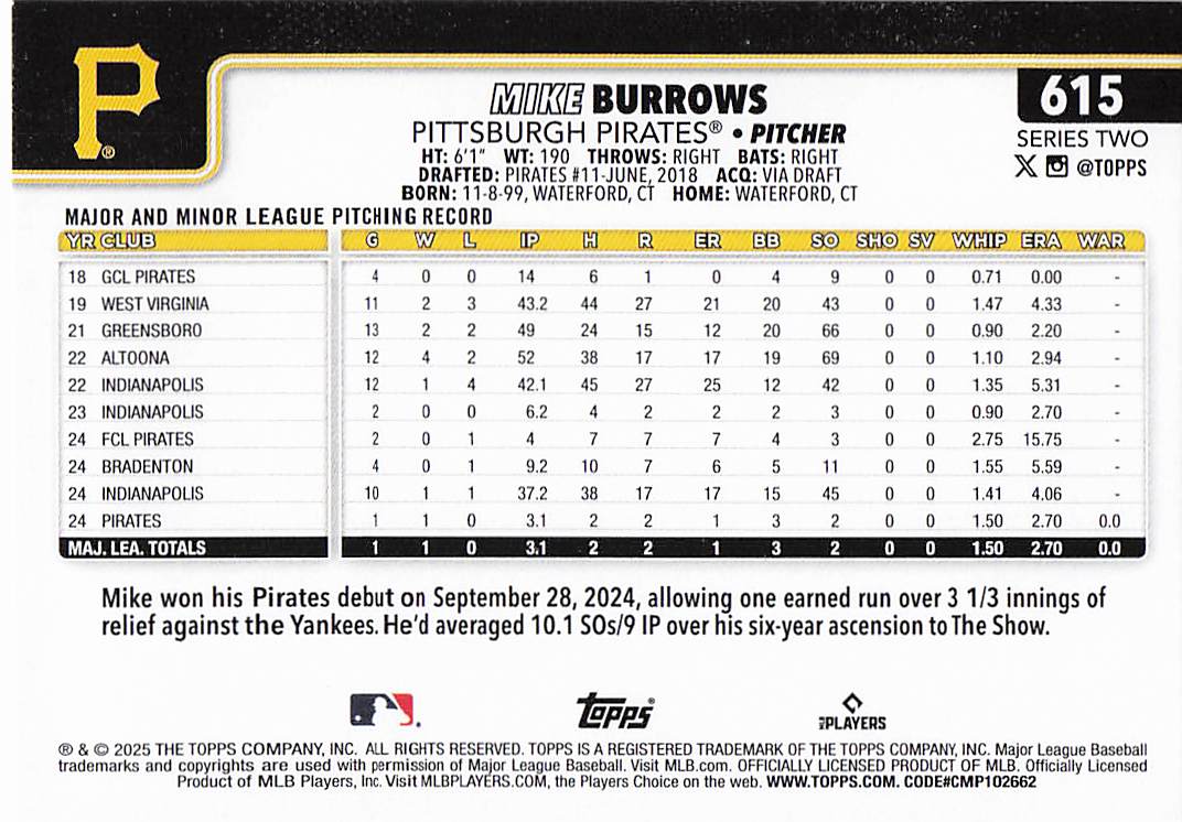 2025 Topps Baseball Pink Holo Foil Mike Burrows #615