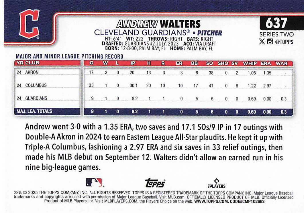 2025 Topps Baseball Holo Foil Andrew Walters #637
