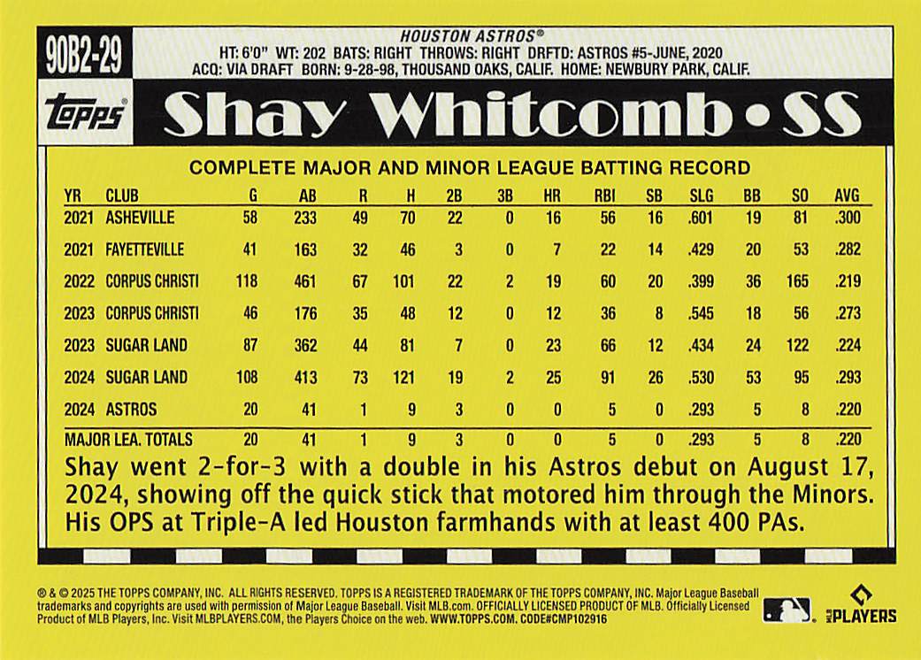 2025 Topps Baseball 1990 Topps Baseball Shay Whitcomb #90B2-29