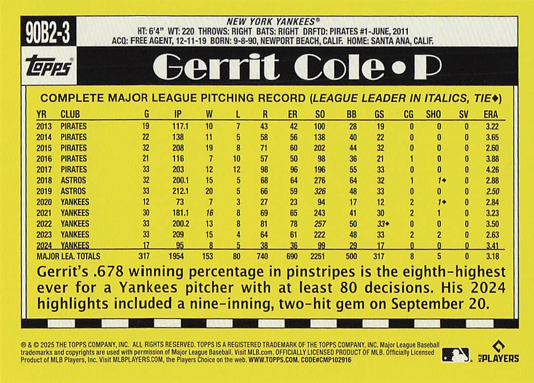 2025 Topps Baseball 1990 Topps Baseball Gerrit Cole #90B2-3