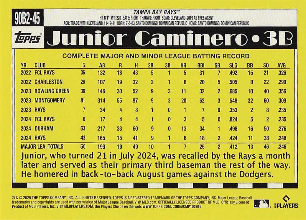 2025 Topps Baseball 1990 Topps Baseball Junior Caminero #90B2-45