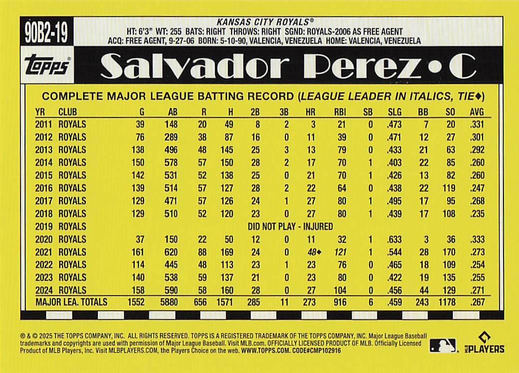 2025 Topps Baseball 1990 Topps Baseball Salvador Perez #90B2-19