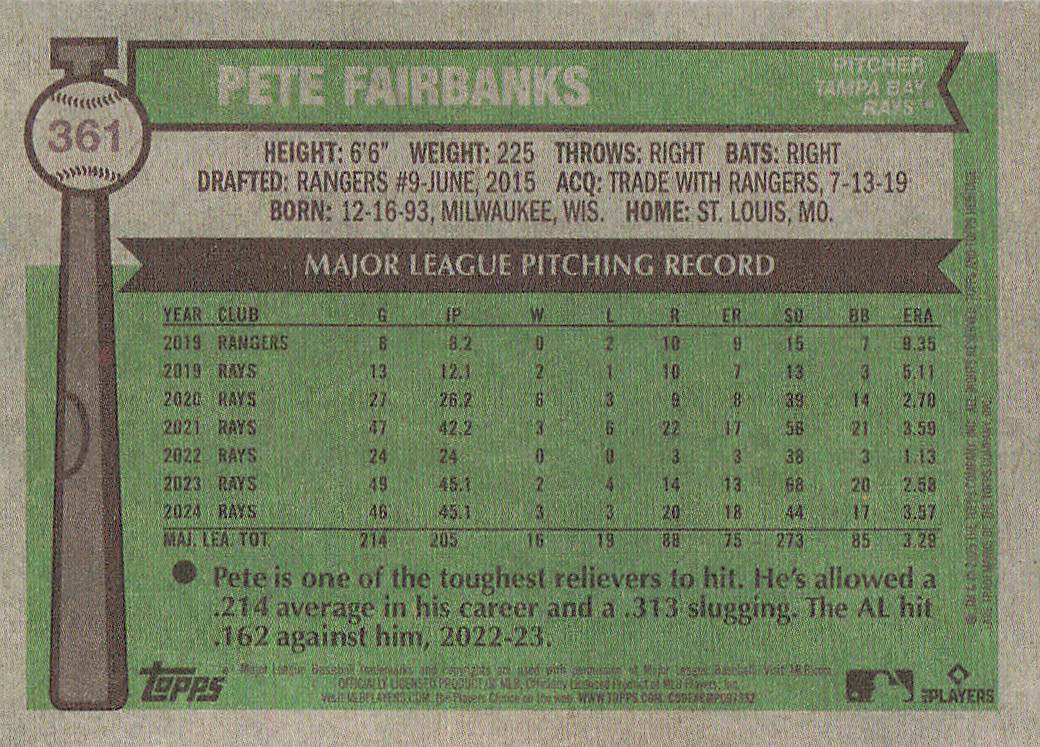 2025 Topps Heritage Baseball Pete Fairbanks #361