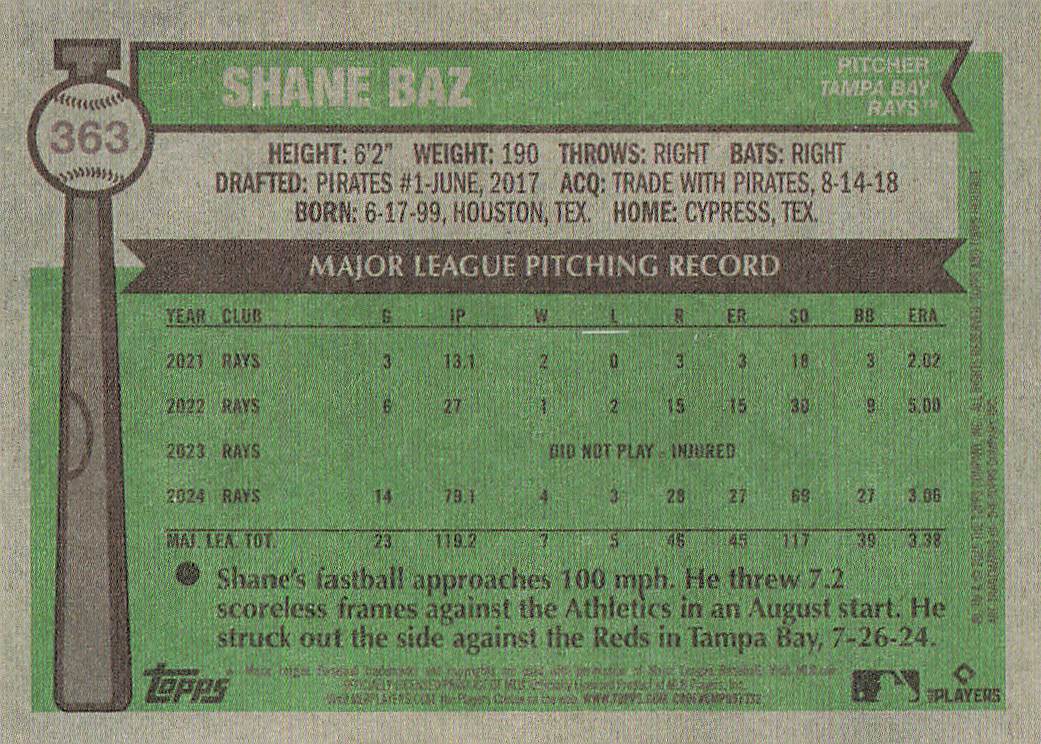 2025 Topps Heritage Baseball Shane Baz #363