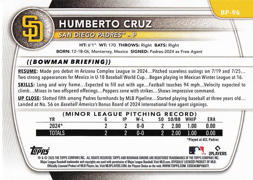 2025 Bowman Baseball Prospects Humberto Cruz #BP-96