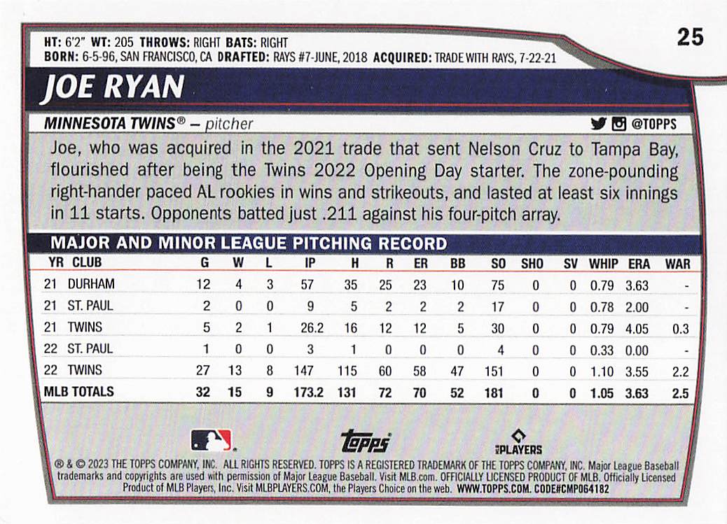 2023 Topps Big League Baseball Joe Ryan #25