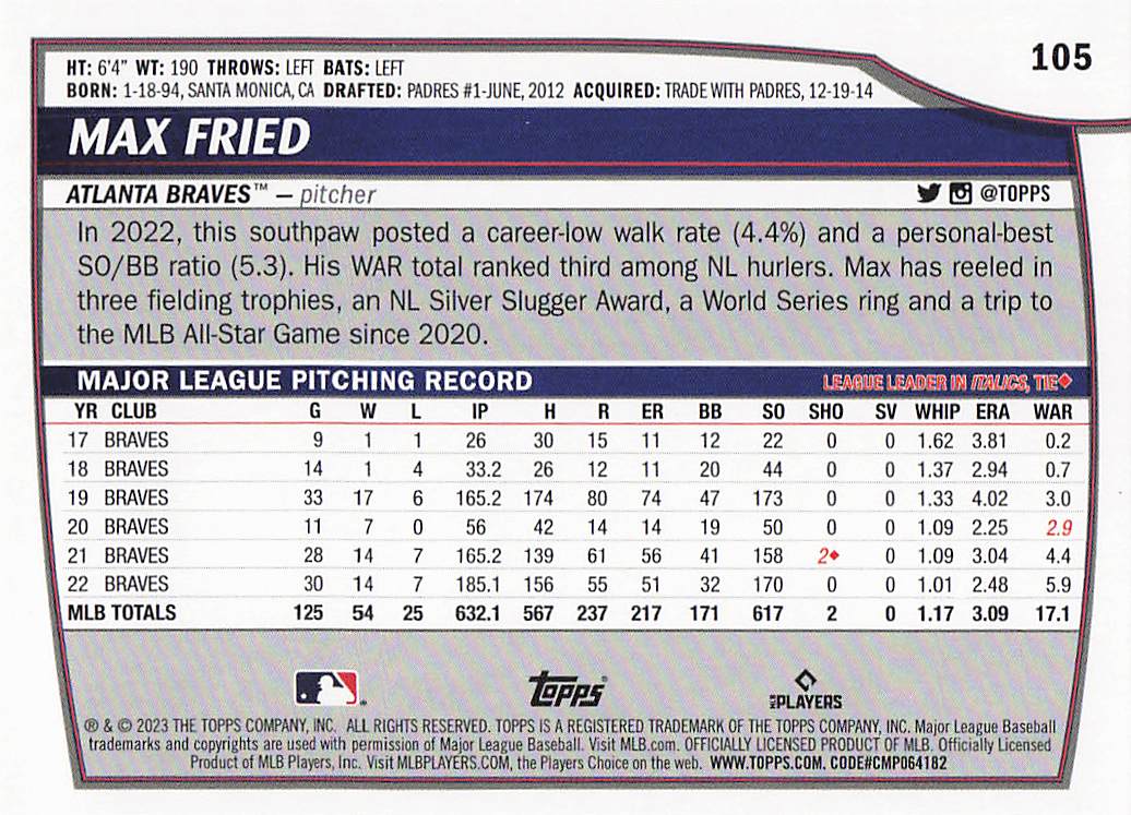 2023 Topps Big League Baseball Max Fried #105