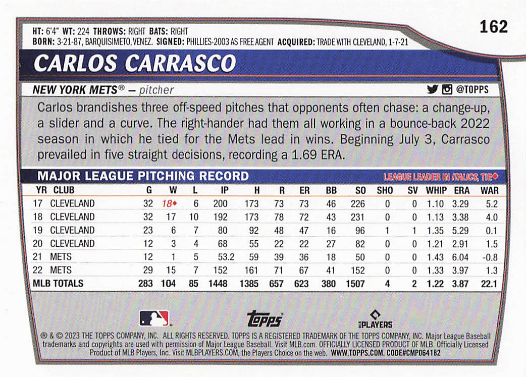 2023 Topps Big League Baseball Carlos Carrasco #162