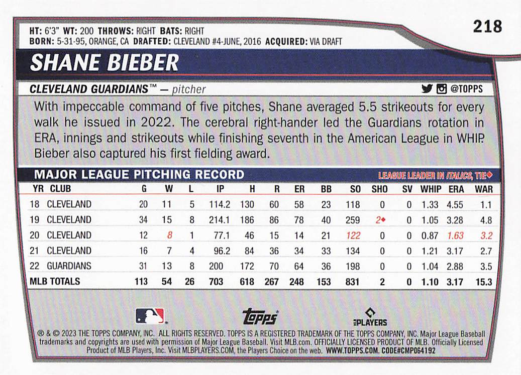 2023 Topps Big League Baseball Shane Bieber #218
