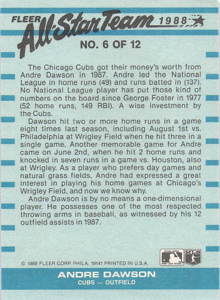 1988 Fleer Baseball All-Star Team Andre Dawson #6