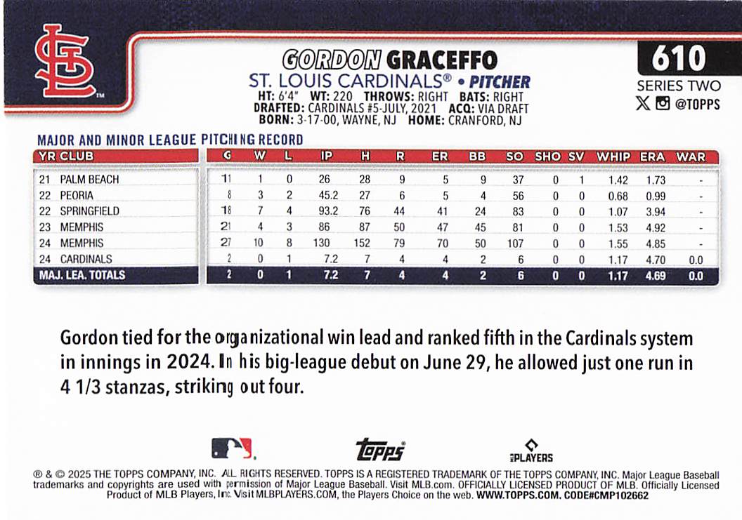 2025 Topps Baseball Gordon Graceffo #610 Rookie