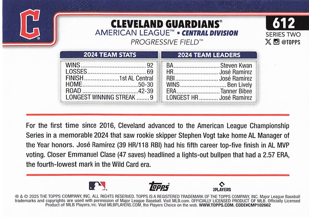 2025 Topps Baseball Cleveland Guardians #612