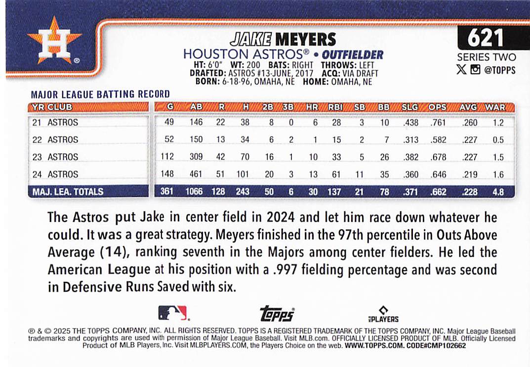 2025 Topps Baseball Jake Meyers #621