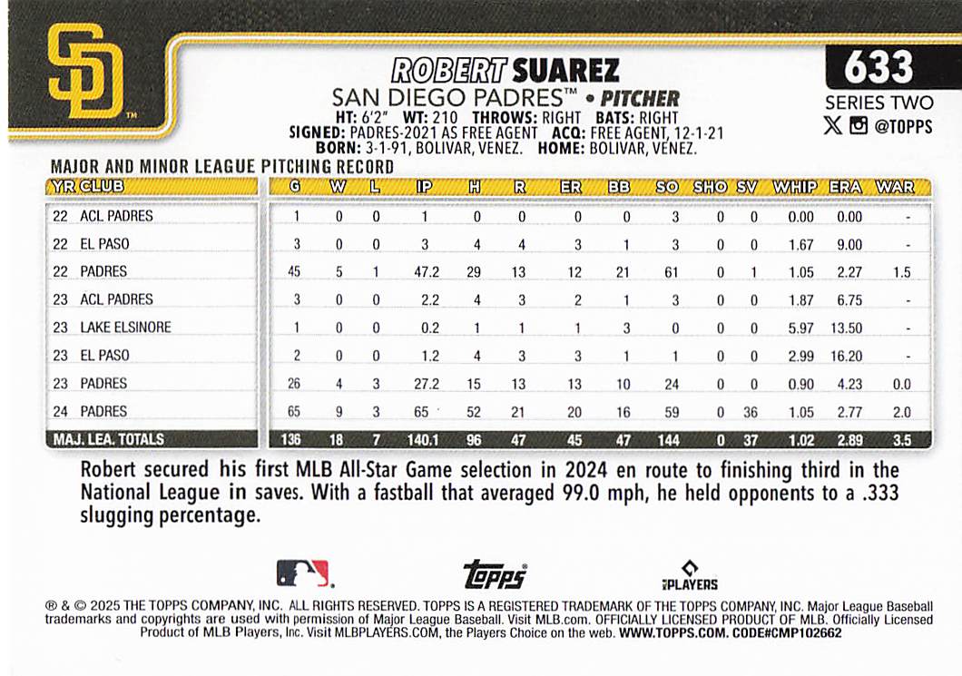 2025 Topps Baseball Robert Suarez #633