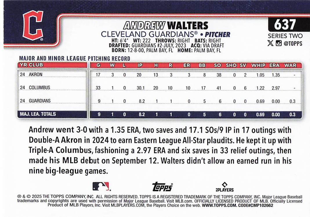 2025 Topps Baseball Andrew Walters #637 Rookie