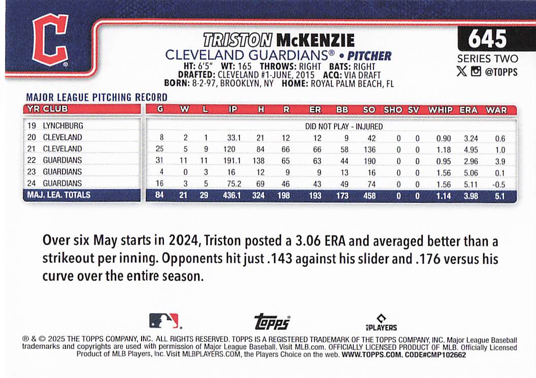 2025 Topps Baseball Triston McKenzie #645
