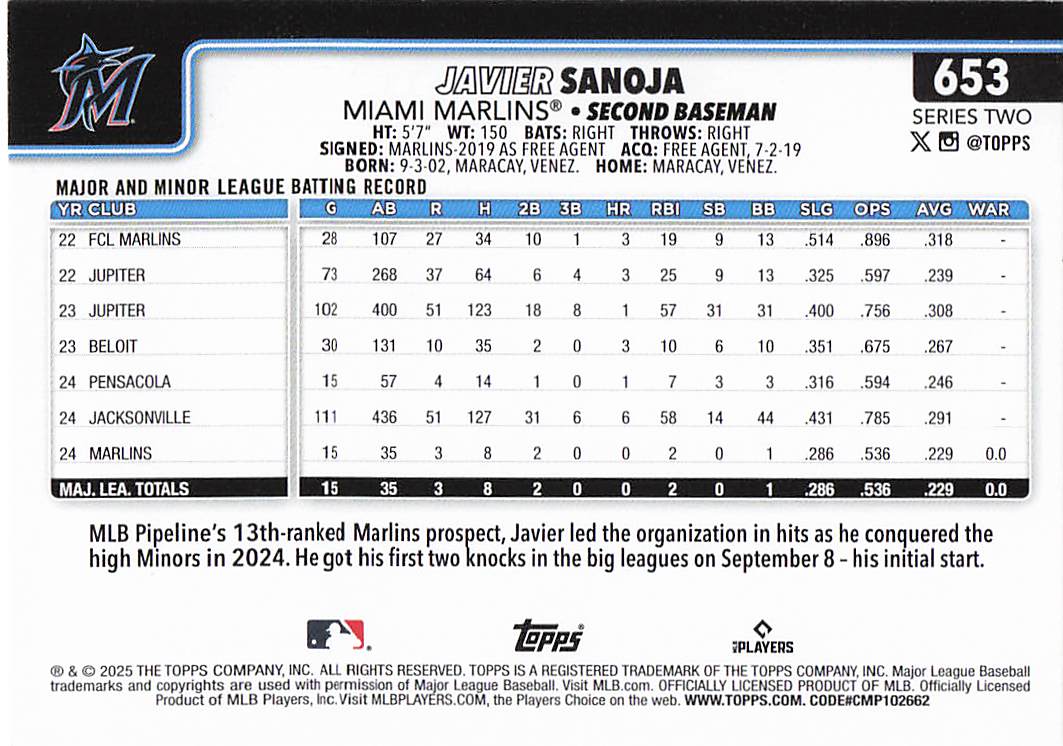 2025 Topps Baseball Javier Sanoja #653 Rookie