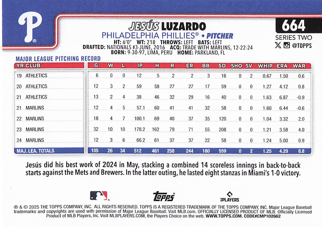 2025 Topps Baseball Jesús Luzardo #664