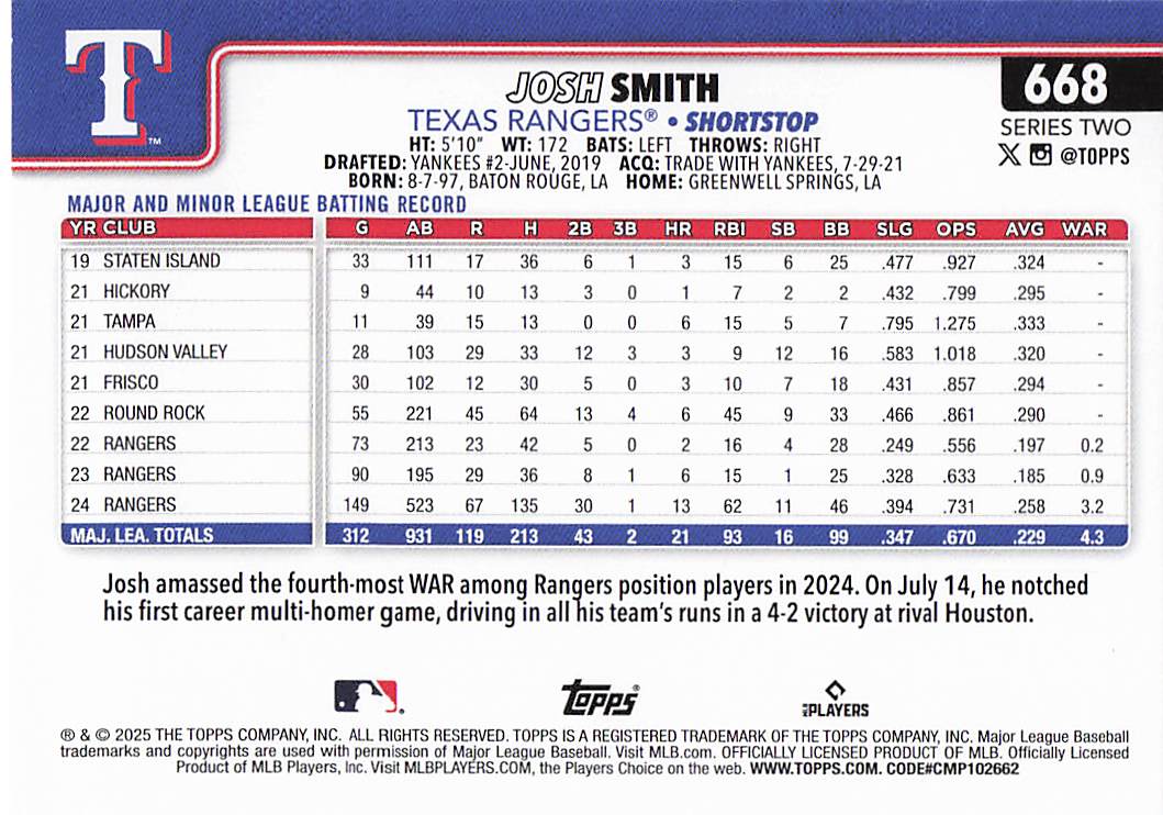 2025 Topps Baseball Josh Smith #668