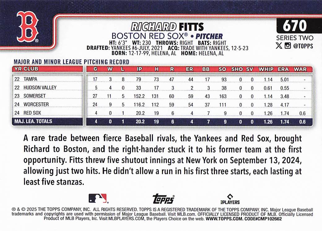2025 Topps Baseball Richard Fitts #670 Rookie