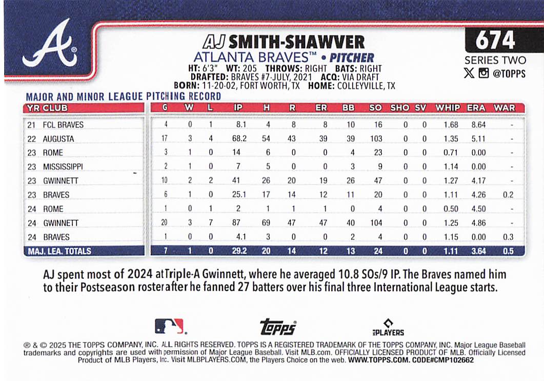 2025 Topps Baseball AJ Smith-Shawver #674