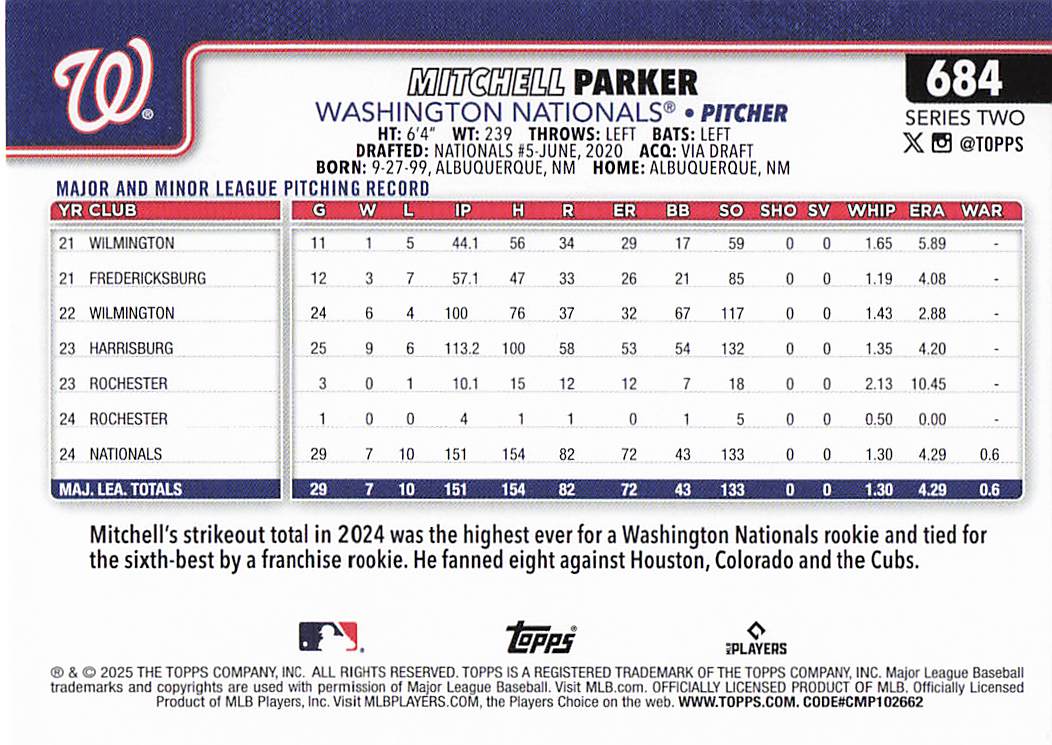 2025 Topps Baseball Mitchell Parker #684