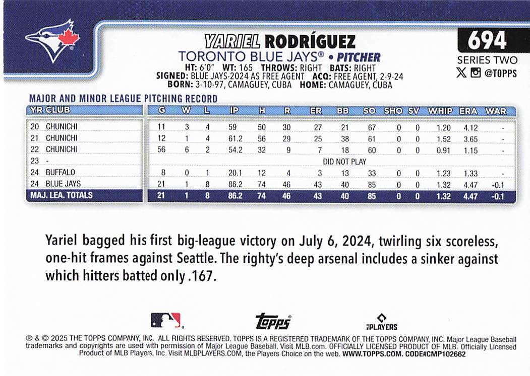2025 Topps Baseball Yariel Rodríguez #694