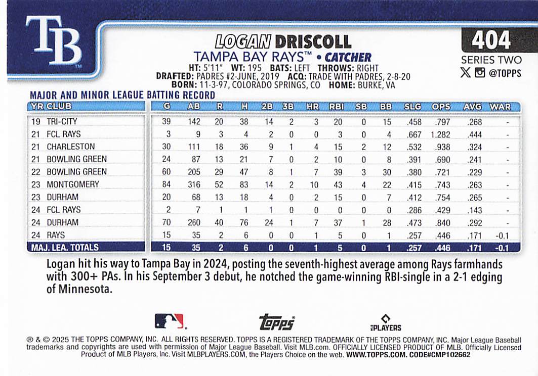 2025 Topps Baseball Rainbow Foil Logan Driscoll #404