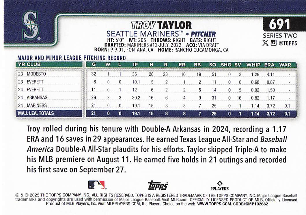 2025 Topps Baseball Rainbow Foil Troy Taylor #691
