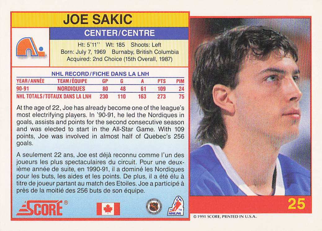 1991-92 Score Canadian English Hockey Joe Sakic #25