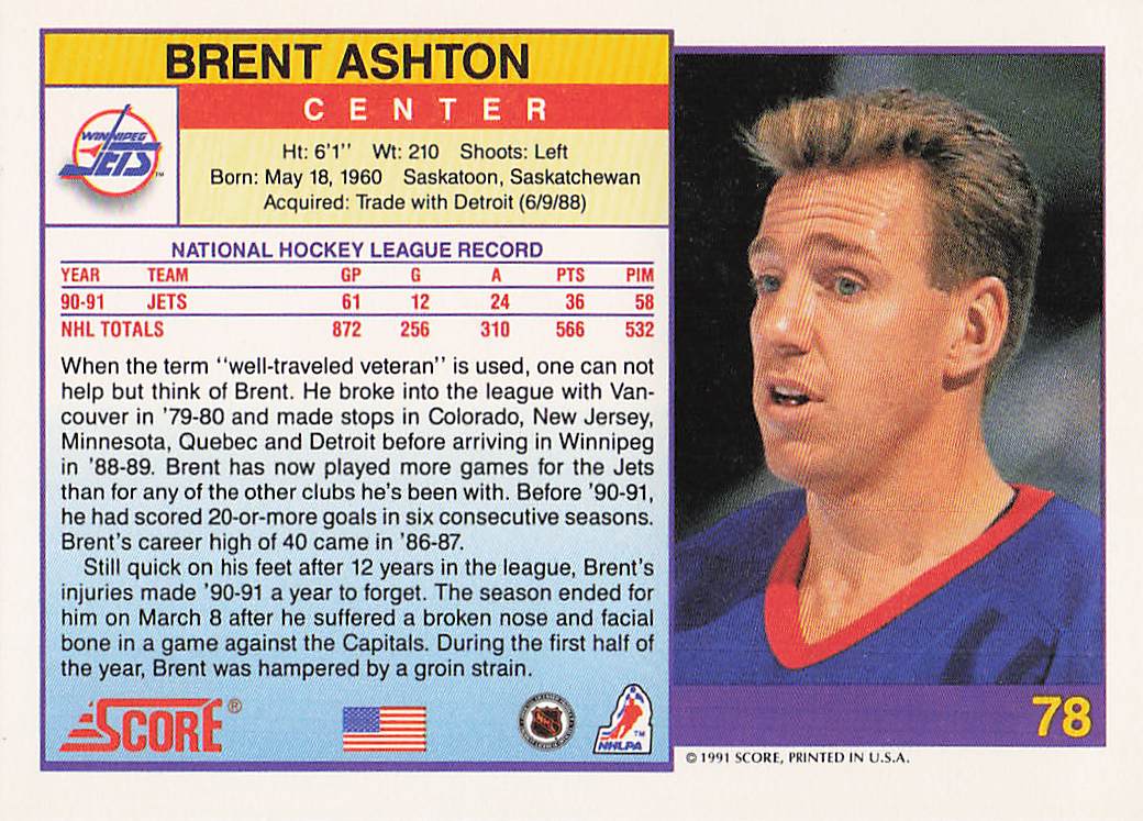 1991-92 Score American Hockey Brent Ashton #78