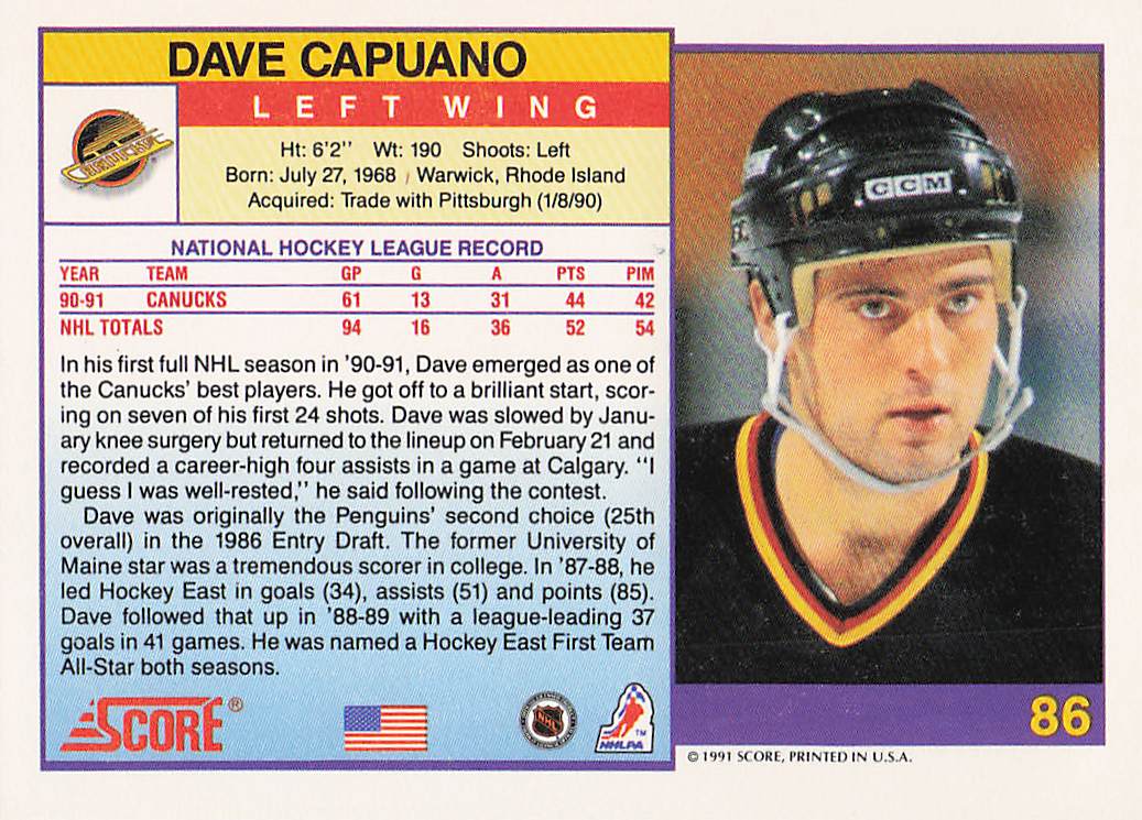 1991-92 Score American Hockey Dave Capuano #86