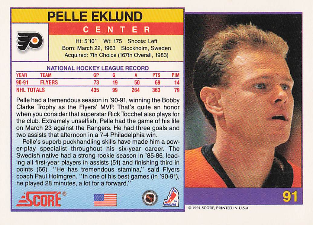 1991-92 Score American Hockey Pelle Eklund #91