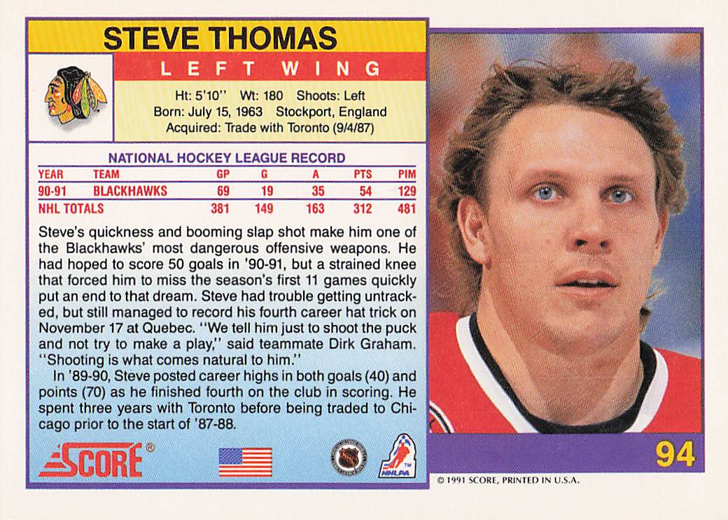 1991-92 Score American Hockey Steve Thomas #94