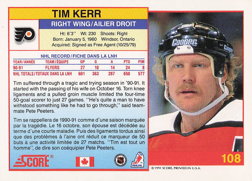 1991-92 Score Canadian English Hockey Tim Kerr #108