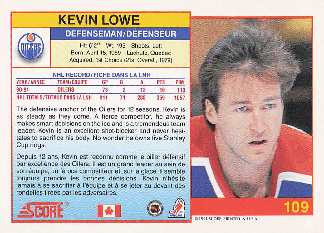 1991-92 Score Canadian English Hockey Kevin Lowe #109