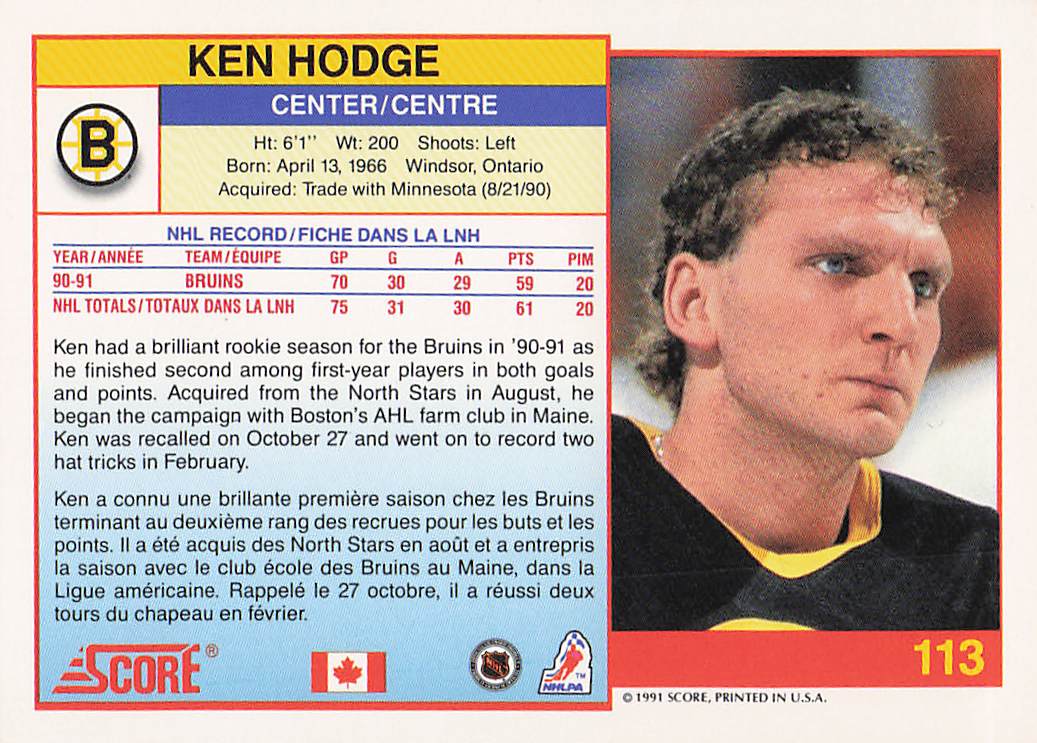 1991-92 Score Canadian English Hockey Ken Hodge #113