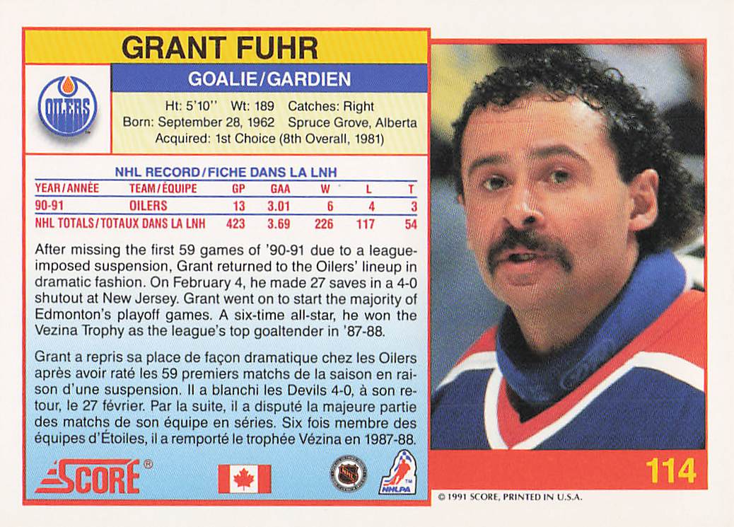 1991-92 Score Canadian English Hockey Grant Fuhr #114
