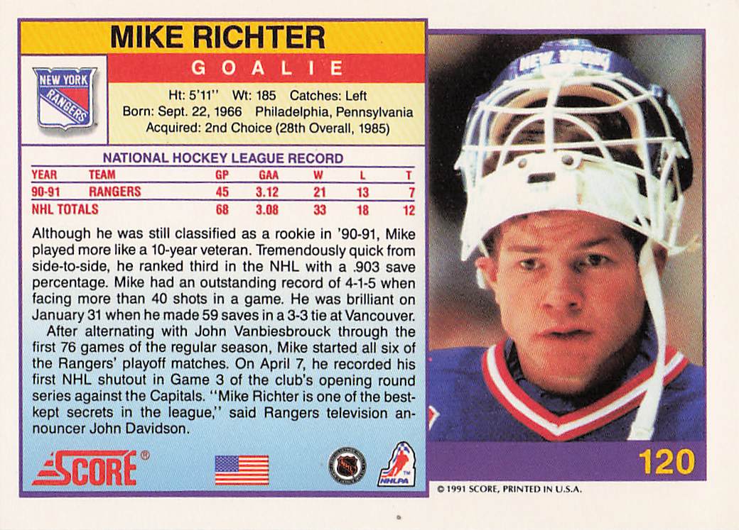 1991-92 Score American Hockey Mike Richter #120