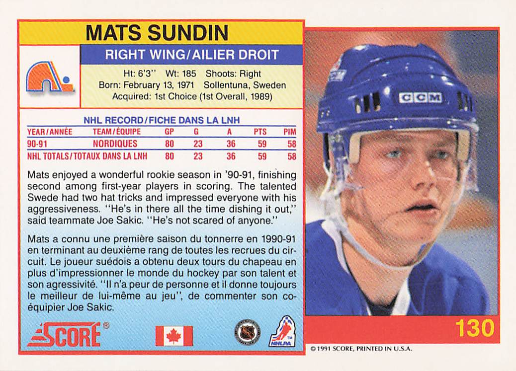 1991-92 Score Canadian English Hockey Mats Sundin #130