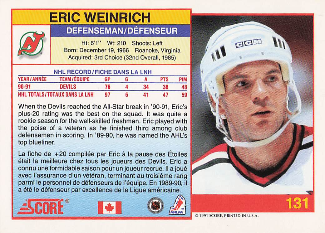 1991-92 Score Canadian English Hockey Eric Weinrich #131