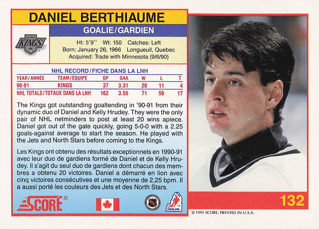 1991-92 Score Canadian English Hockey Daniel Berthiaume #132