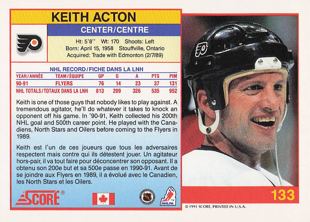 1991-92 Score Canadian English Hockey Keith Acton #133